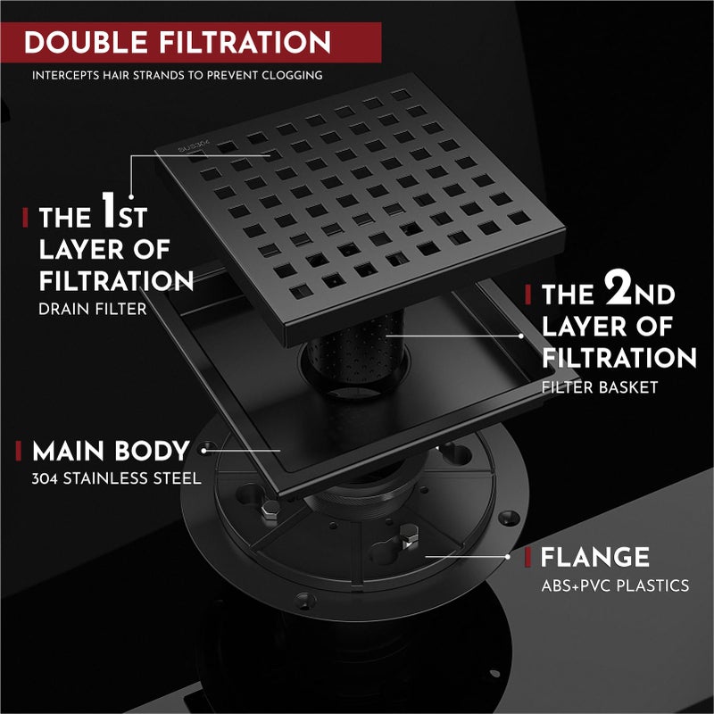 WEBANG 6 Inch Square Shower Floor Drain with Flange,Quadrato Pattern Grate Removable,Food-Grade SUS 304 Stainless Steel,Watermark&CUPC Certified,Matte Black - Image 4