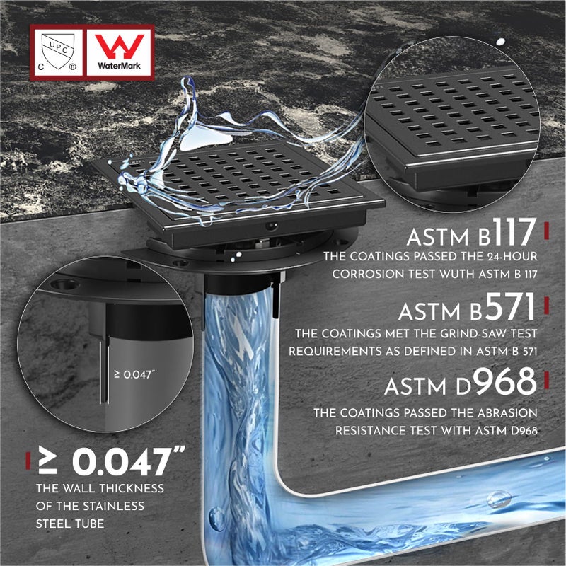 WEBANG 6 Inch Square Shower Floor Drain with Flange,Quadrato Pattern Grate Removable,Food-Grade SUS 304 Stainless Steel,Watermark&CUPC Certified,Matte Black - Image 5