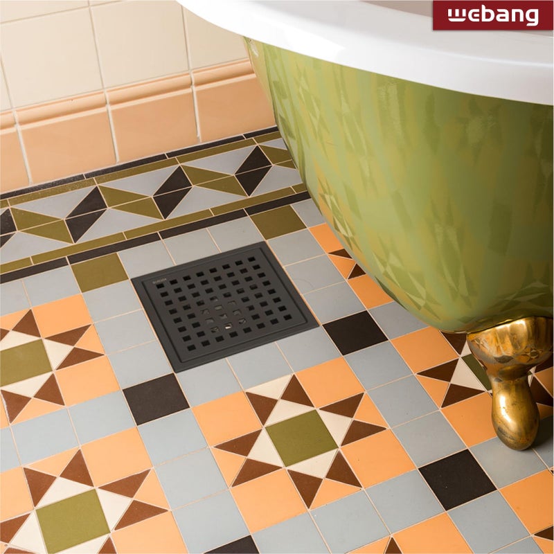 WEBANG 6 Inch Square Shower Floor Drain with Flange,Quadrato Pattern Grate Removable,Food-Grade SUS 304 Stainless Steel,Watermark&CUPC Certified,Matte Black - Image 2