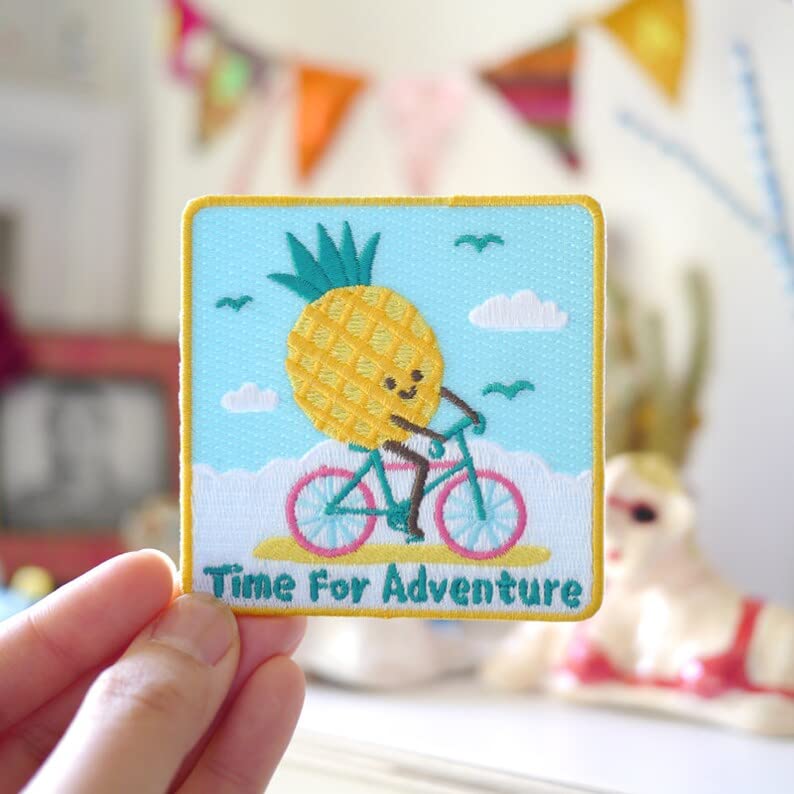 Daily Crafts Daily Crafts Random Embroidered Patches Bright Vivid Colors Sew OnIron On Patch Applique for Clothes Dress Hat Jeans DIY Accessories Pineapple On Bicycle Time for Adventure Patch - Image 1