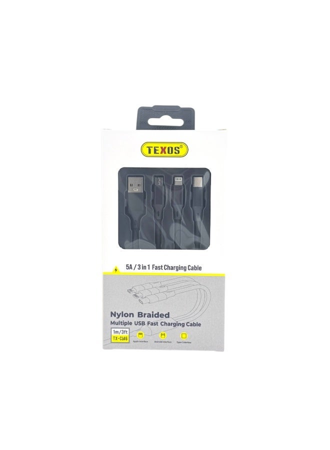 تيكسو TEXOS CL-46 3-in-1 Nylon Braided USB Fast Charging Cable - 1m/3ft - Image 2