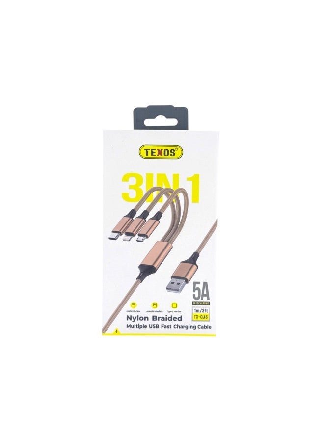 تيكسو TEXOS CL-46 3-in-1 Nylon Braided USB Fast Charging Cable - 1m/3ft - Image 1