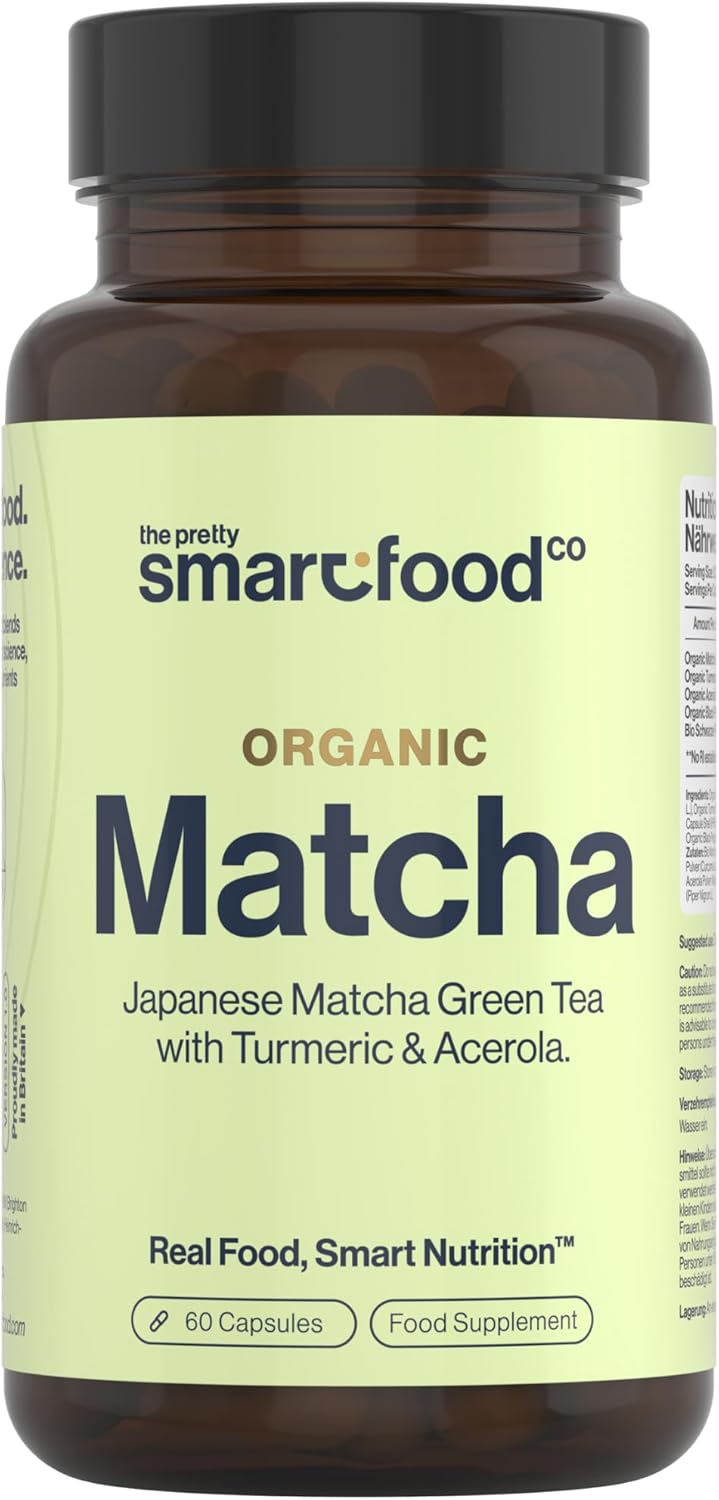 The Pretty Smart Food Co Green Tea Extract Capsules Organic Matcha Green Tea Tablets Boosted with Turmeric Acerola Cherry Black Pepper 1360MG Complex Green Tea Supplement 60 Capsules UK Made - Image 1