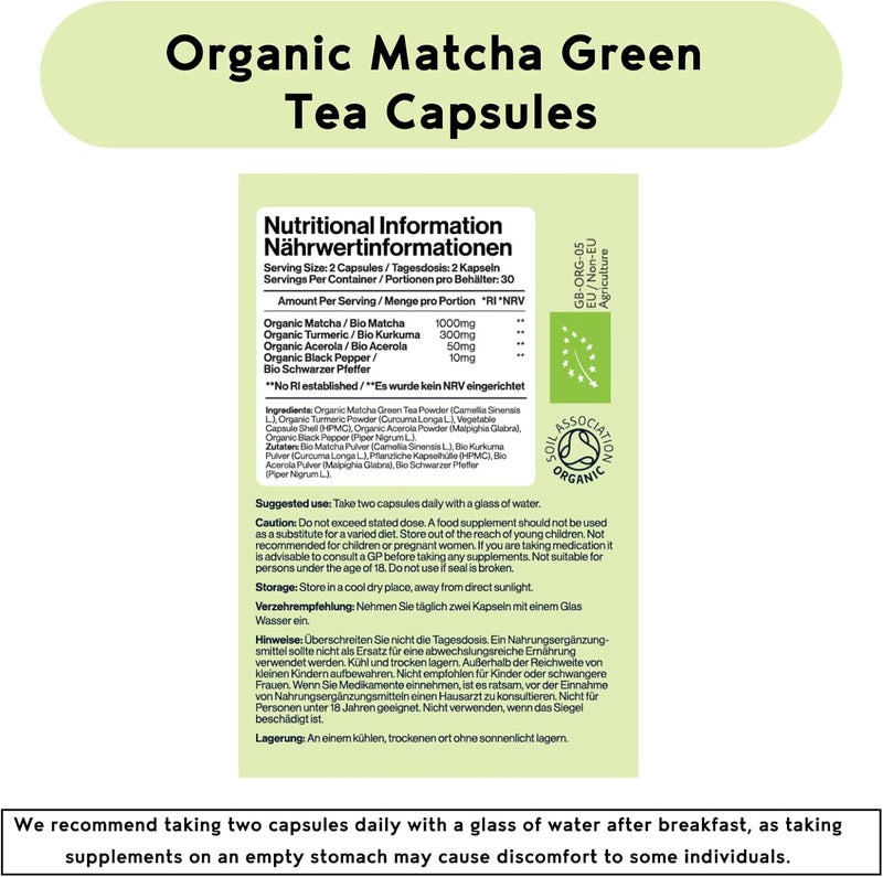 The Pretty Smart Food Co Green Tea Extract Capsules Organic Matcha Green Tea Tablets Boosted with Turmeric Acerola Cherry Black Pepper 1360MG Complex Green Tea Supplement 60 Capsules UK Made - Image 3