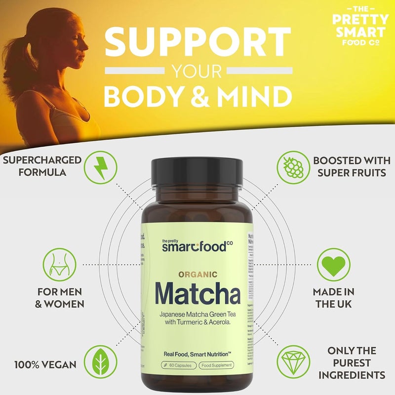The Pretty Smart Food Co Green Tea Extract Capsules Organic Matcha Green Tea Tablets Boosted with Turmeric Acerola Cherry Black Pepper 1360MG Complex Green Tea Supplement 60 Capsules UK Made - Image 5