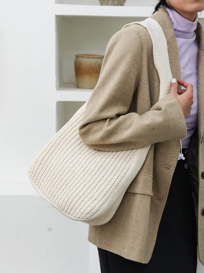 ENBEI Women's Handcrafted Crochet Tote Bag Knit Shoulder bag,All-Season Handwoven Beach Bag, Cute Eco-Friendly Handmade Tote for Shopping, Travel, Daily Use, Gift Box Packagingï¼ˆWhiteï¼‰ - Image 2
