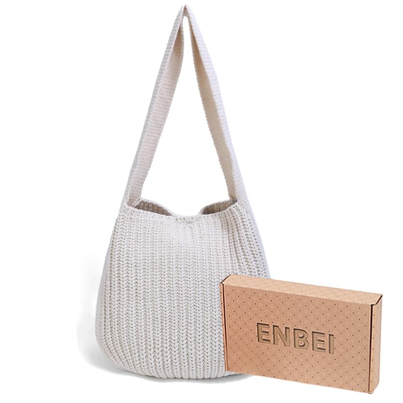 ENBEI Women's Handcrafted Crochet Tote Bag Knit Shoulder bag,All-Season Handwoven Beach Bag, Cute Eco-Friendly Handmade Tote for Shopping, Travel, Daily Use, Gift Box Packagingï¼ˆWhiteï¼‰ - Image 5