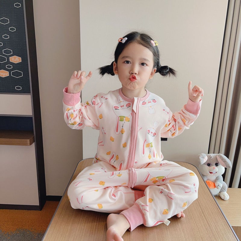 24 Four Seasons Pure Cotton Boneless Long-Sleeved Sleeping Bag Anti-Kick Crawling Clothes Home Clothes For Children - Image 1