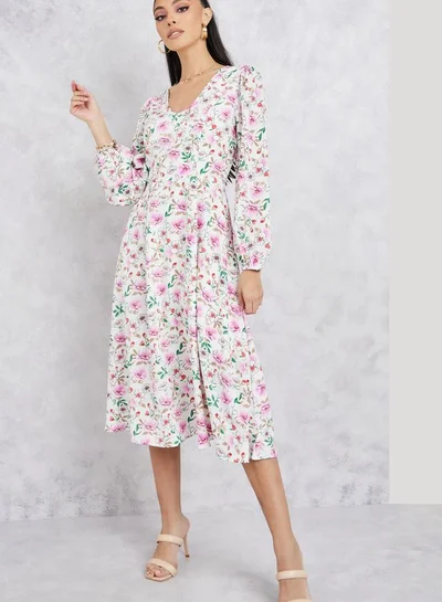 Styli Styli Floral Printed Long Sleeves A-Line Midi Dress