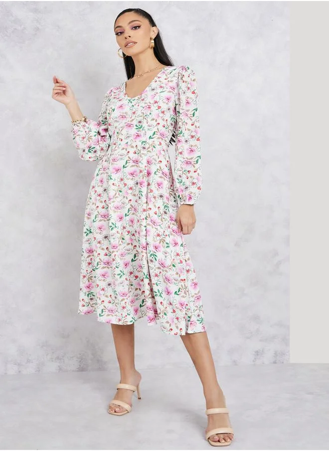 Styli Printed Long Sleeves A-Line Midi Dress