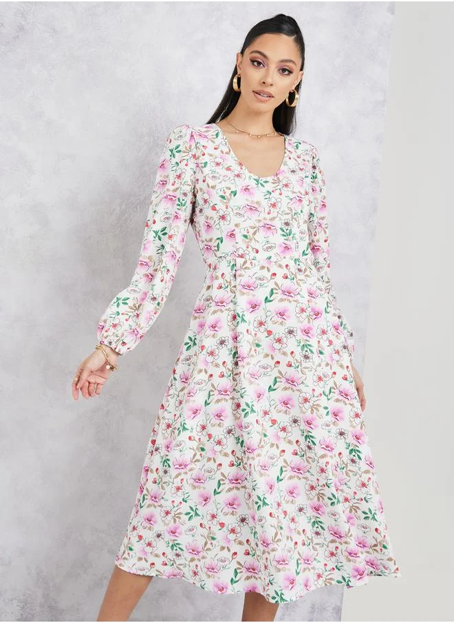 Styli Printed Long Sleeves A-Line Midi Dress