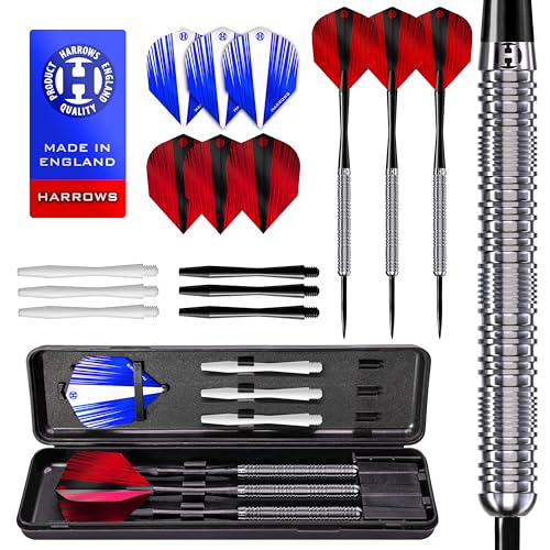 Harrows Caliber 90% Tungsten Steel Tip Darts Set I 21g to 30g All Weights Available I Huge 16pcs Bundle with Spare Shafts, Prime Flights & Travel Case(Silver, 25 Grams) - Image 1