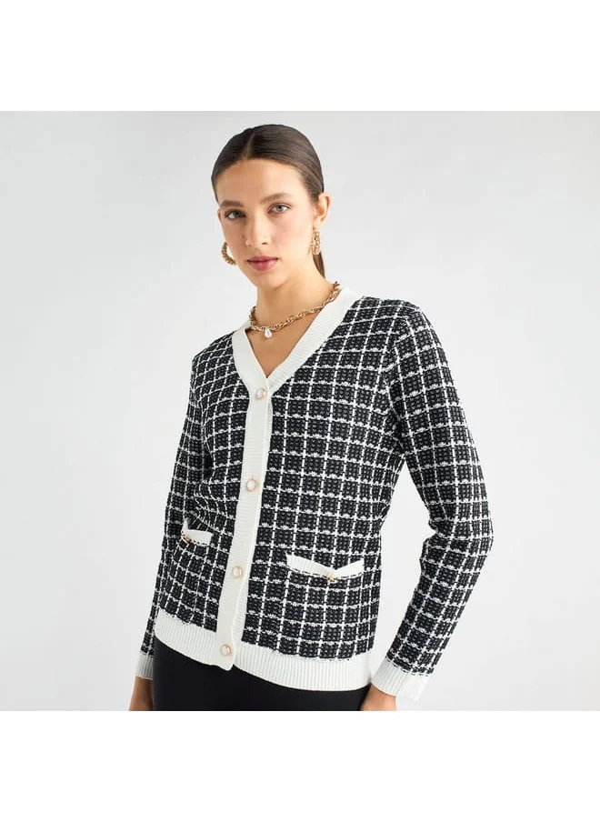 FAV Checked V-Neck Cardigan with Button Closure and Pockets