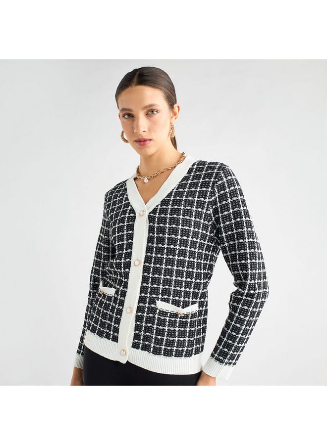 Splash FAV Checked V-Neck Cardigan with Button Closure and Pockets - Image 1