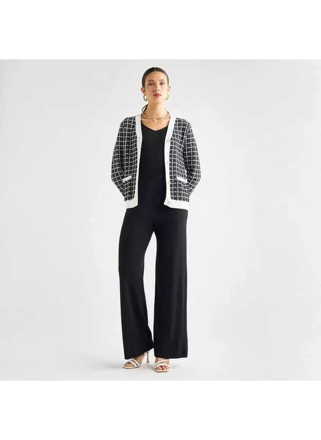 FAV Checked V-Neck Cardigan with Button Closure and Pockets