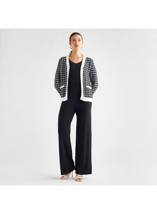 Splash FAV Checked V-Neck Cardigan with Button Closure and Pockets - Image 2