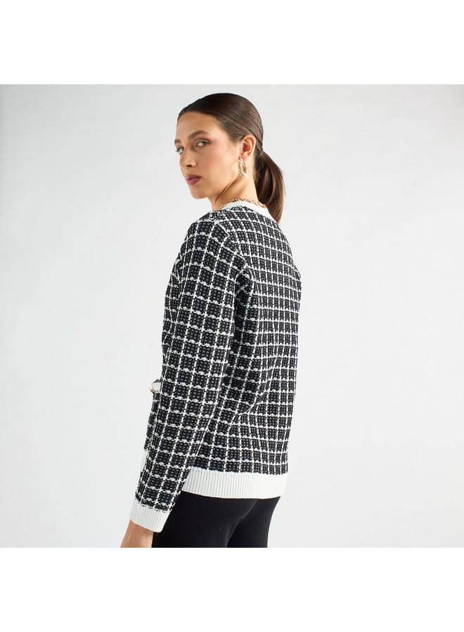 Splash FAV Checked V-Neck Cardigan with Button Closure and Pockets - Image 3