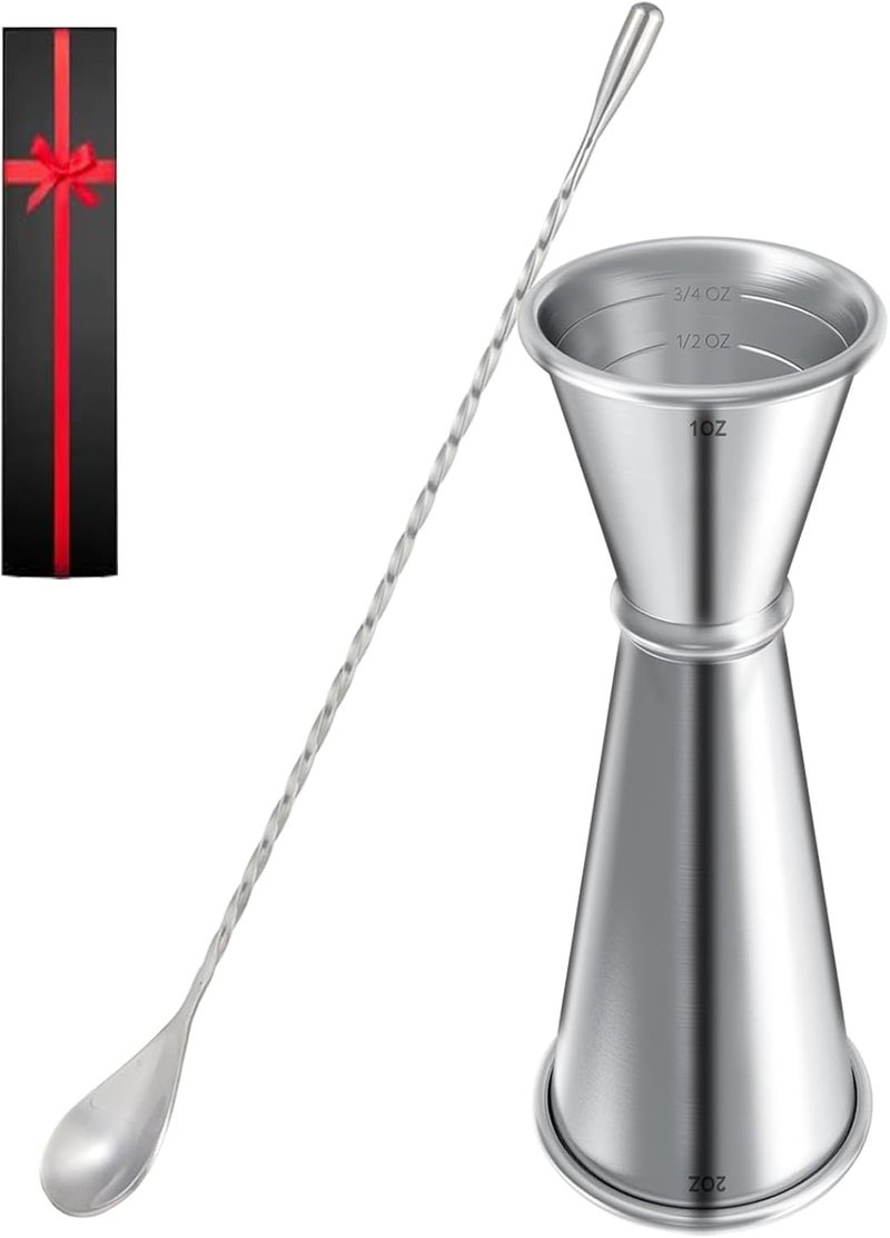 JOYONE Measuring Jigger & Mixing Spoon Set, Cocktail Jigger for Bartending,Bell Jigger with 1oz and 2oz Measuring Marks, Cocktail Measuring Jigger with Cocktail Spoon,Cocktail Mixing Spoon,bar Mixing Spoon - Image 1