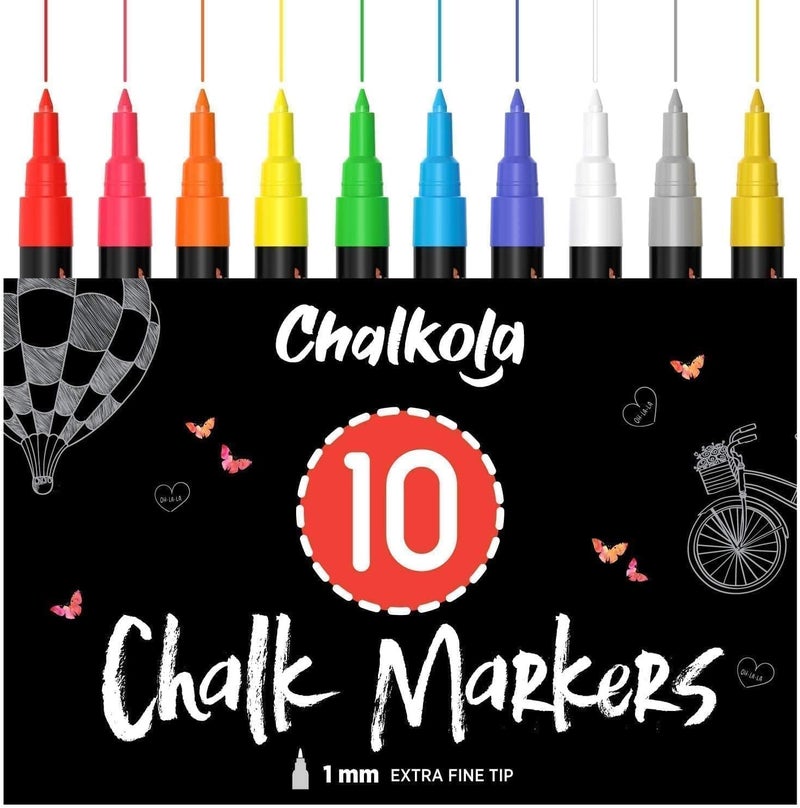 Chalkola Extra Fine Tip Liquid Chalk Markers (10 Pack) with Gold & Silver - Dry Erase Marker Pens for Blackboard, Windows, Chalkboard Signs, Bistro - 1mm Tip - Image 1