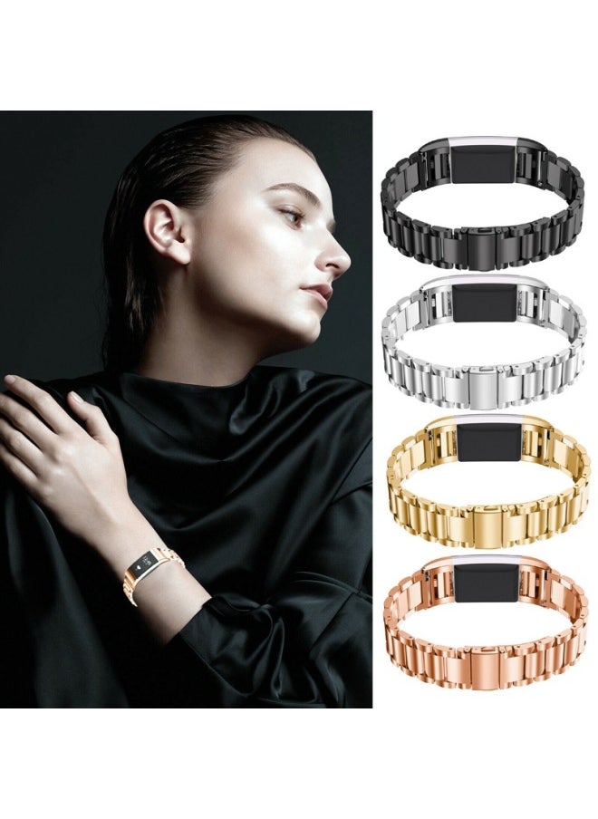 Generic - Suitable For Fitbit Charge2 Smart Watch Three Bead Folding Buckle Solid Stainless Steel Chain Strap Steel Band-Color:Fitbit Charge2 Triple Bead Flat Button/Gold - Image 1