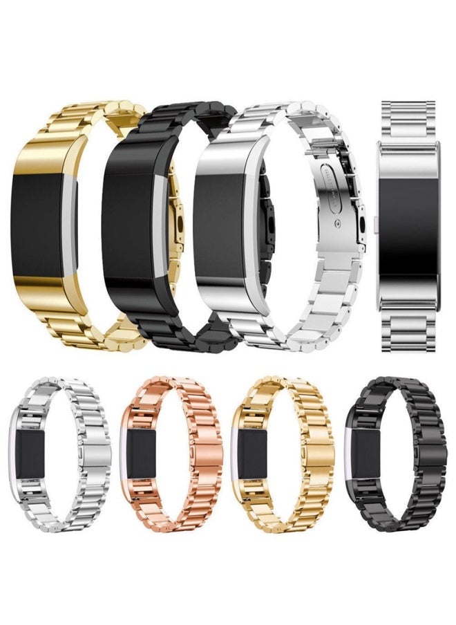 Generic - Suitable For Fitbit Charge2 Smart Watch Three Bead Folding Buckle Solid Stainless Steel Chain Strap Steel Band-Color:Fitbit Charge2 Triple Bead Flat Button/Gold - Image 1