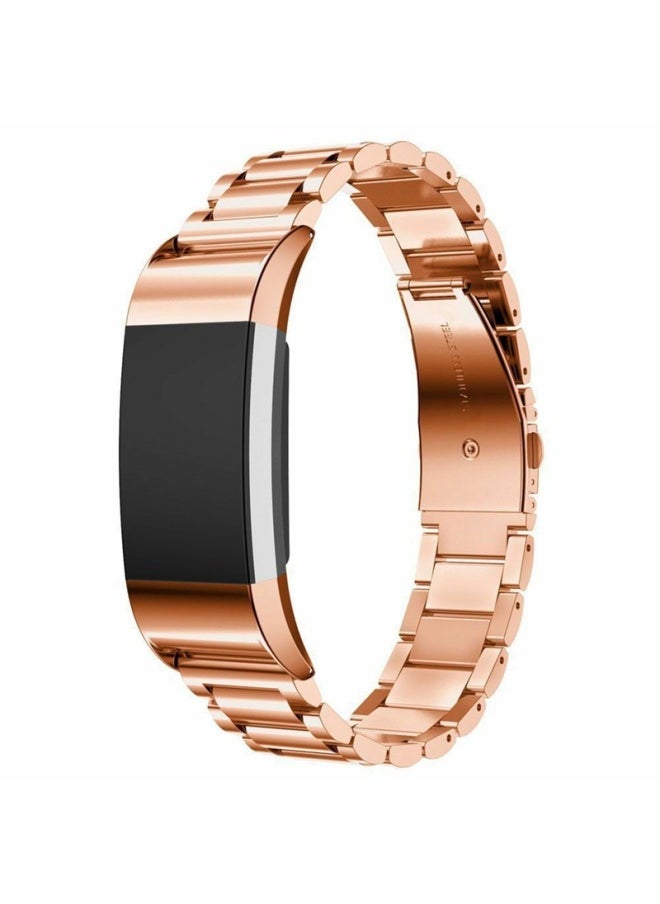Generic - Suitable For Fitbit Charge2 Smart Watch Three Bead Folding Buckle Solid Stainless Steel Chain Strap Steel Band-Color:Fitbit Charge2 Triple Bead Flat Button/Gold - Image 1