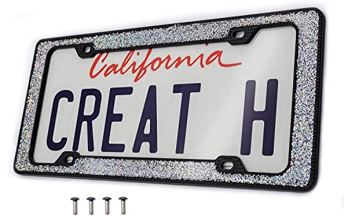 Creathome 3D Shining and Neon License Plate Frame from Pure Zinc Alloy Metal Perfect Plate Holder Matt Black with Silver Glitter - Image 1