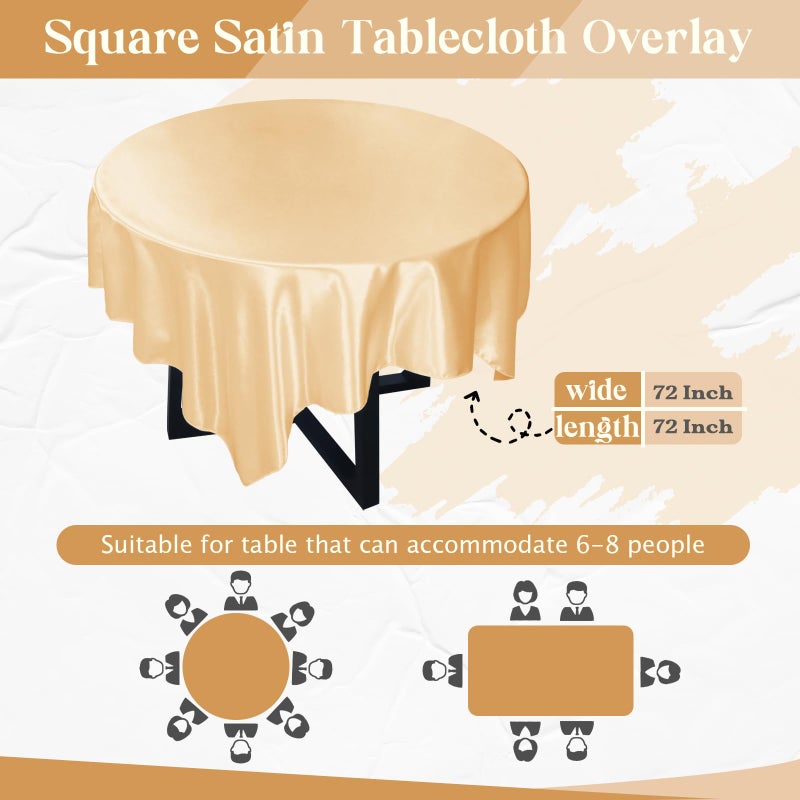 Cobedzy 72 Inch Satin Square Tablecloth Overlay, 6 Pcs Gold Square Tablecloth Cover, Wrinkle-Free Table Cover, Stain-Resistant Fabric for Party, Wedding, Banquet Table Decoration - Image 3
