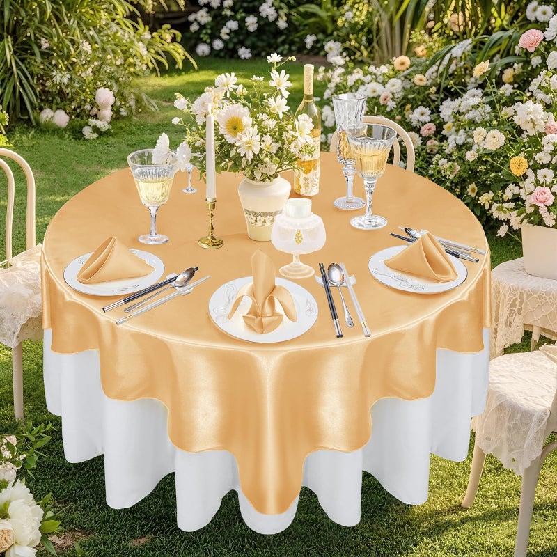 Cobedzy 72 Inch Satin Square Tablecloth Overlay, 6 Pcs Gold Square Tablecloth Cover, Wrinkle-Free Table Cover, Stain-Resistant Fabric for Party, Wedding, Banquet Table Decoration - Image 4