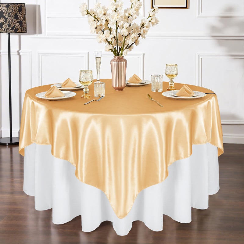 Cobedzy 72 Inch Satin Square Tablecloth Overlay, 6 Pcs Gold Square Tablecloth Cover, Wrinkle-Free Table Cover, Stain-Resistant Fabric for Party, Wedding, Banquet Table Decoration - Image 2