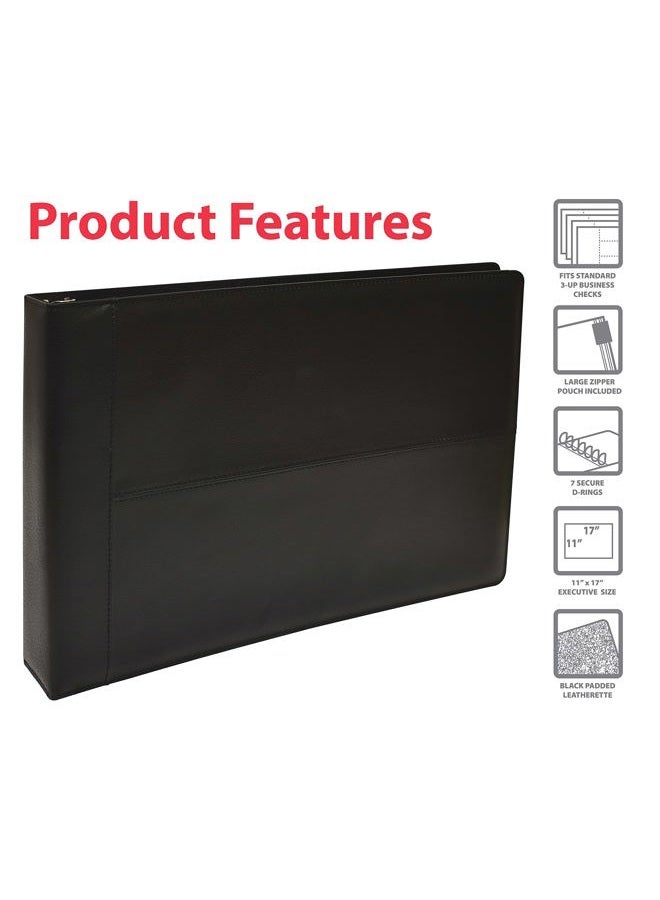 Gold Seal 7 Ring Executive Check Binder with Zipper Pouch, Black Textured Premium Leatherette Cover, for 9 x 13" 3 Per Page Business Checks, 600 Check Capacity Checkbook Holder, - Image 3