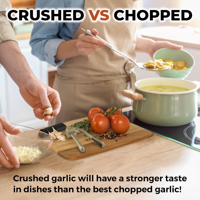 Zulay Kitchen Large Premium Garlic Press Set - Bigger Bowl for Bigger Garlic - Rust Proof Garlic Mincer Tool - Easy-Squeeze, Easy-Clean Silicone Garlic Peeler & Brush (Silver) - Image 4