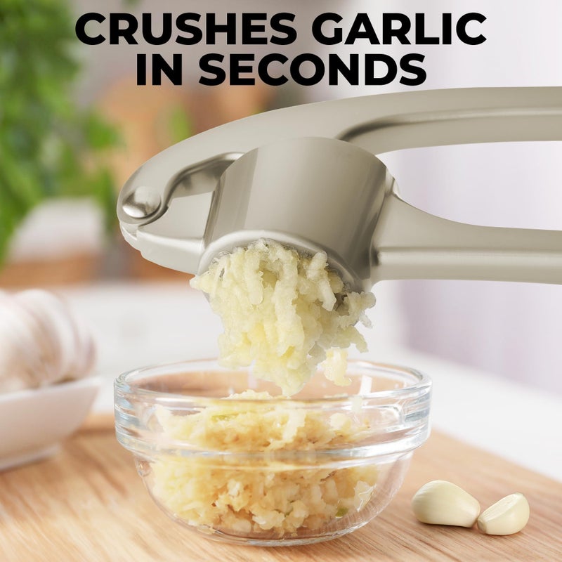 Zulay Kitchen Large Premium Garlic Press Set - Bigger Bowl for Bigger Garlic - Rust Proof Garlic Mincer Tool - Easy-Squeeze, Easy-Clean Silicone Garlic Peeler & Brush (Silver) - Image 5