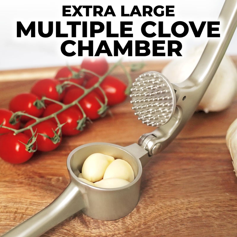 Zulay Kitchen Large Premium Garlic Press Set - Bigger Bowl for Bigger Garlic - Rust Proof Garlic Mincer Tool - Easy-Squeeze, Easy-Clean Silicone Garlic Peeler & Brush (Silver) - Image 3