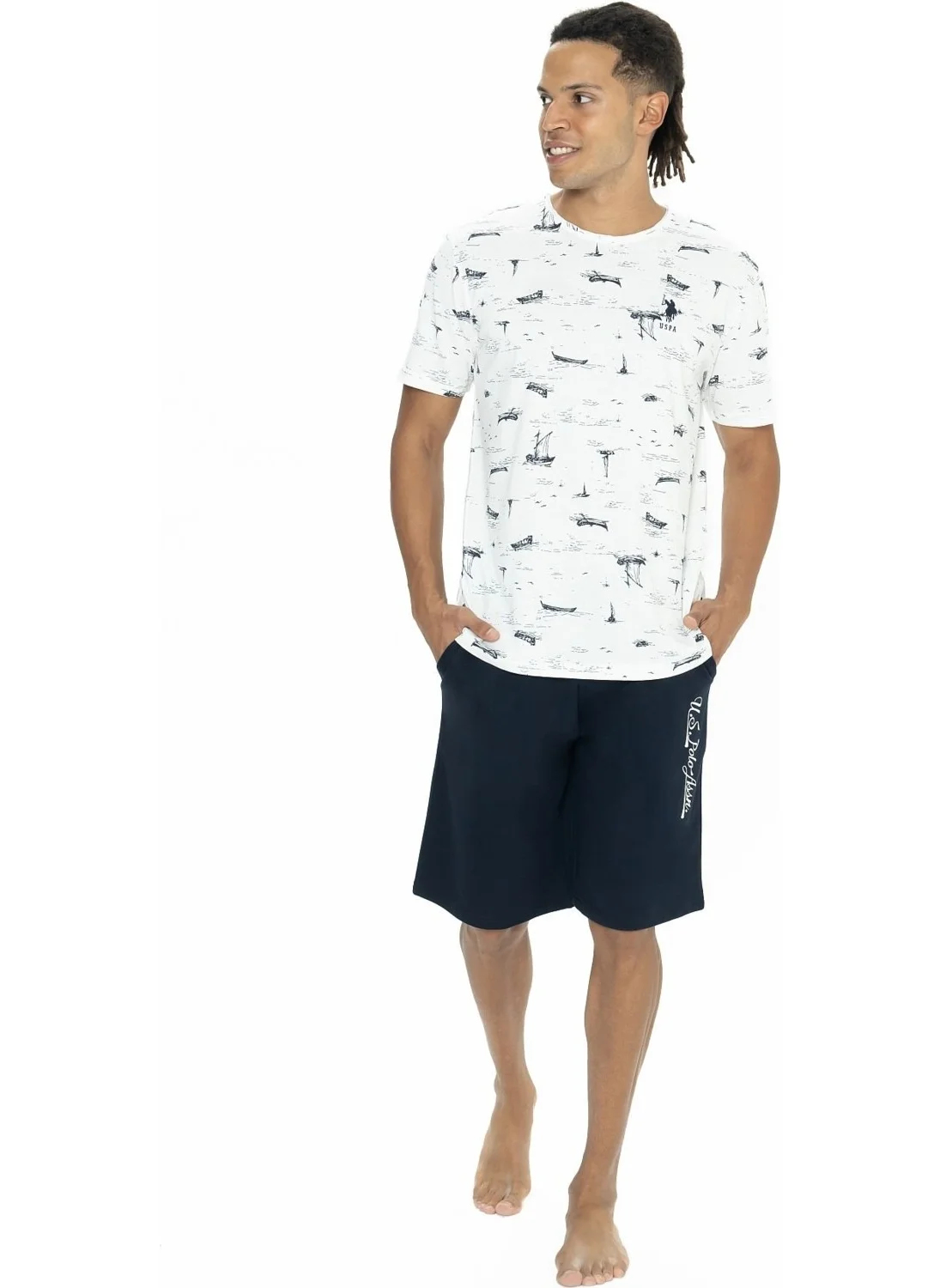 U.S. Polo Assn. 18879 Men's Short Sleeve Crew Neck Pajama Set with Shorts-Ecru