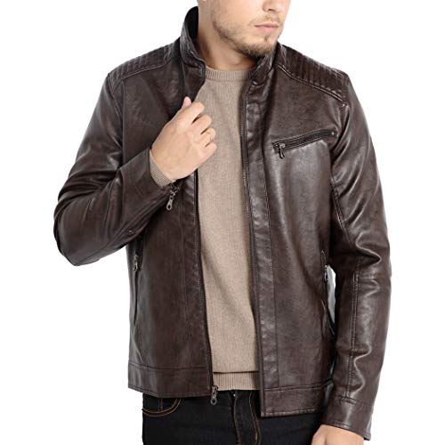 WULFUL Mens Stand Collar Leather Jacket Motorcycle Lightweight Faux Leather Outwear - Image 1
