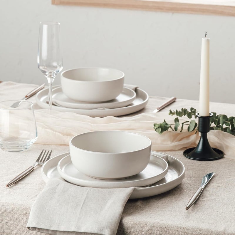 Famiware طقم أطباق وأوعية فامي وير ميلك واي 12 قطعة طقم أدوات مائدة زجاجة تفاعلية طقم أطباق من الحجر الخزفي لـ 4 أشخاص باللون الأبيض غير اللامع - Image 4