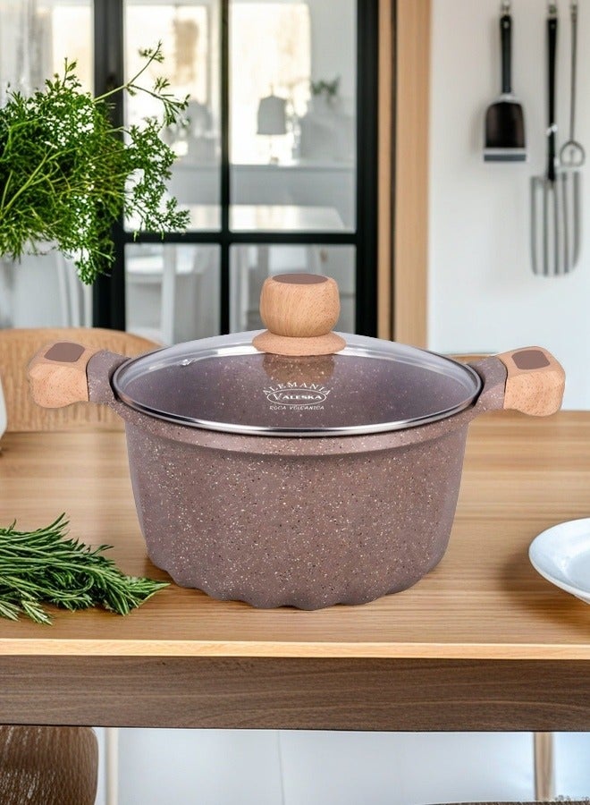 MGC Volcanic Stone Coated Cooking Pot With Wooden Handle And Glass Lid Suitable For Cooking Equipment Eeeds Of Different Families - Image 1