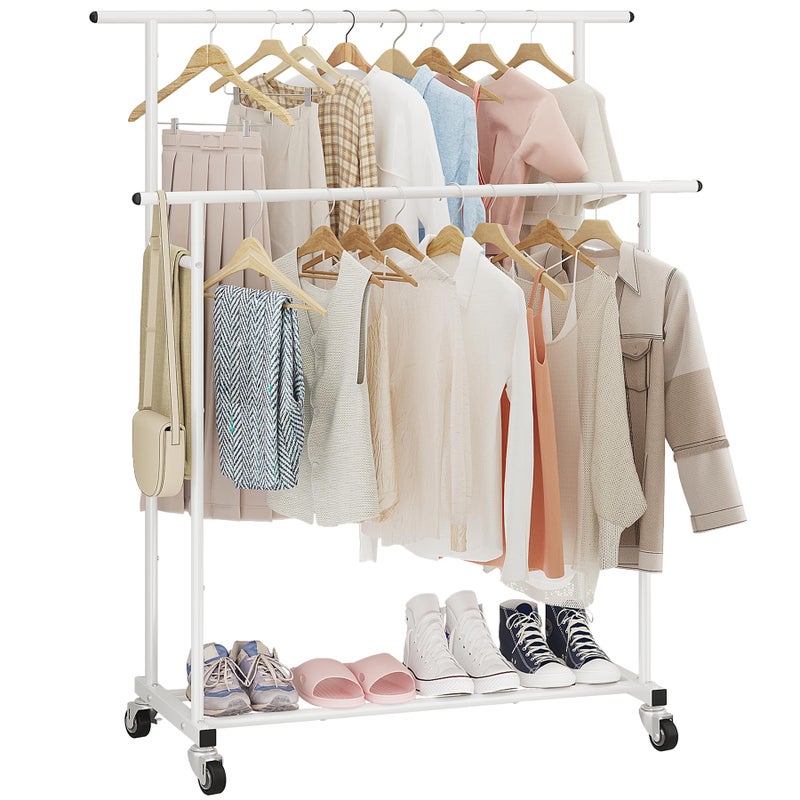 Calmootey Double Rod Clothing Garment RackRolling Hanging Clothes RackPortable Clothes Organizer for BedroomLiving RoomClothing StoreWhite