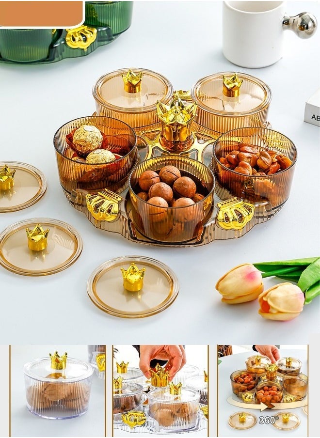 Beauenty Rotating Fruit Plate 5 Rotating Trays Rotating Snack Tray With Lid 5 Removable Snack Bowls Snack Display Plate Removable Dried Fruit Storage Plate Suitable For Vegetables Candy Nuts Cookies Chips Party（Brown）  - Image 1