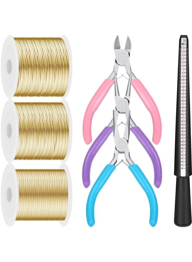 Ferraycle 3 Rolls 18/20/22 Gauge Craft Jewelry Wire Aluminum Wire with Ring Sizer Pliers for Jewelry Making (Gold) - Image 1