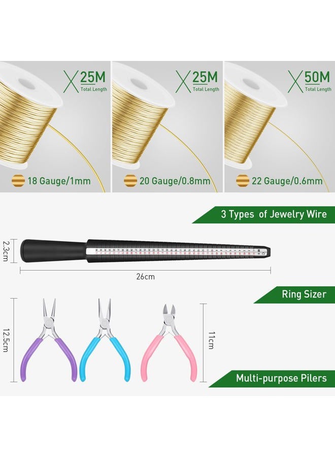 Ferraycle 3 Rolls 18/20/22 Gauge Craft Jewelry Wire Aluminum Wire with Ring Sizer Pliers for Jewelry Making (Gold) - Image 2