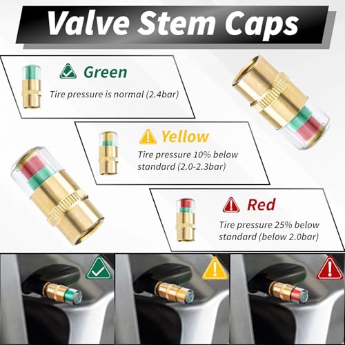 Gozaqe Car Tire Pressure Monitor Valve Caps,All-Copper Version, 4 Pcs,Three-Color Visible Valve Stem Cap Indicator,Tyre Valve Cap for Cars,SUVs,Trucks,Motorcycles,Bicycles (Including Installation Tools) - Image 3