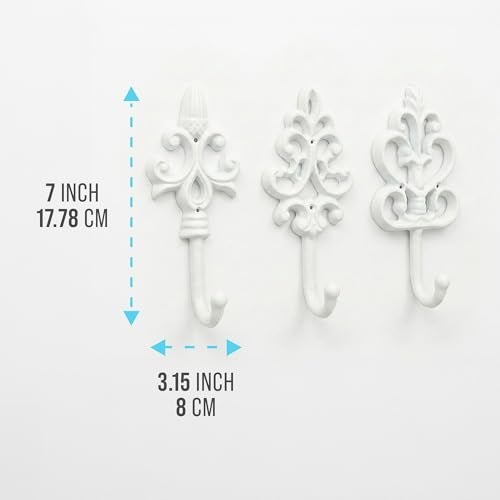 Comfify Shabby Chic Decorative Wall Hooks - Set of 3 - Cast Iron French Country Wall Decor - Farmhouse Hangers for Coats, Purses and More - Pure White - Image 3