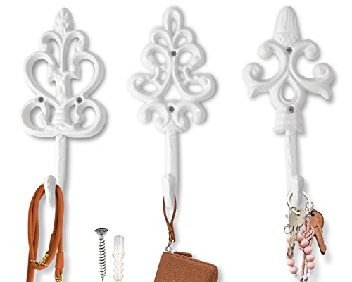 Comfify Shabby Chic Decorative Wall Hooks - Set of 3 - Cast Iron French Country Wall Decor - Farmhouse Hangers for Coats, Purses and More - Pure White - Image 1