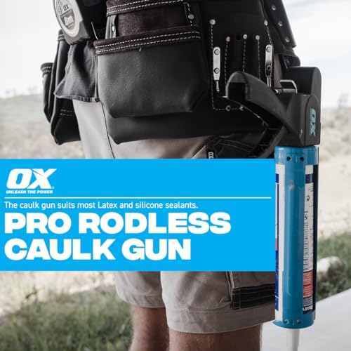 OX Tools Rodless Caulk Gun - 7:1 Thrust Ratio, Foldable Belt Clip, Patented Design, Compact for Tight Spaces, Reinforced Carriage, Glass Filled Nylon Handle, 13 1/2" Length, 10 oz Capacity… - Image 2