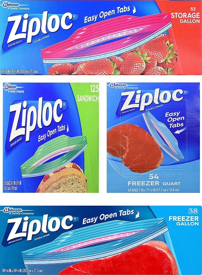 Ziploc Variety Pack 54 Freezer Quart Bags, 38 Freezer Gallon Bags, 125 Sandwich Bags, 52 Storage Gallon Bags Reusable Plastic Ziploc Bags with Zipper Closure, Red, Green, Blue