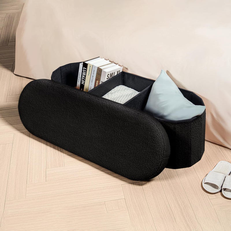B FSOBEIIALEO Ottoman with Storage for Living Room, Sherpa Folding Storage Ottoman Foot Rest, 43.3 Inches Collapsible Bedroom Bench Black - Image 4