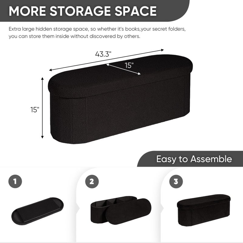 B FSOBEIIALEO Ottoman with Storage for Living Room, Sherpa Folding Storage Ottoman Foot Rest, 43.3 Inches Collapsible Bedroom Bench Black - Image 3