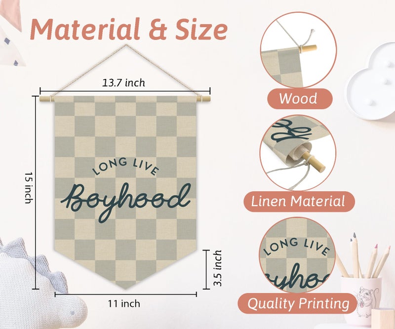XYDEG Boys Room Decor, Long Live Boyhood Boy Nursery Linen Canvas Banner, Grey Checkered Wall Hanging Pennant Flag Banner for Boys Nursery Kids Toddler Room Bedroom Playroom Decor, 15x11in - Image 4